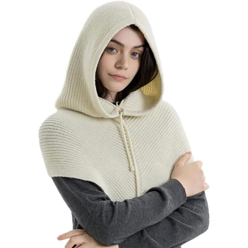 Women Beige White Hooded Scarf Winter Beanie Hats Beanies Knitted Crochet Hat